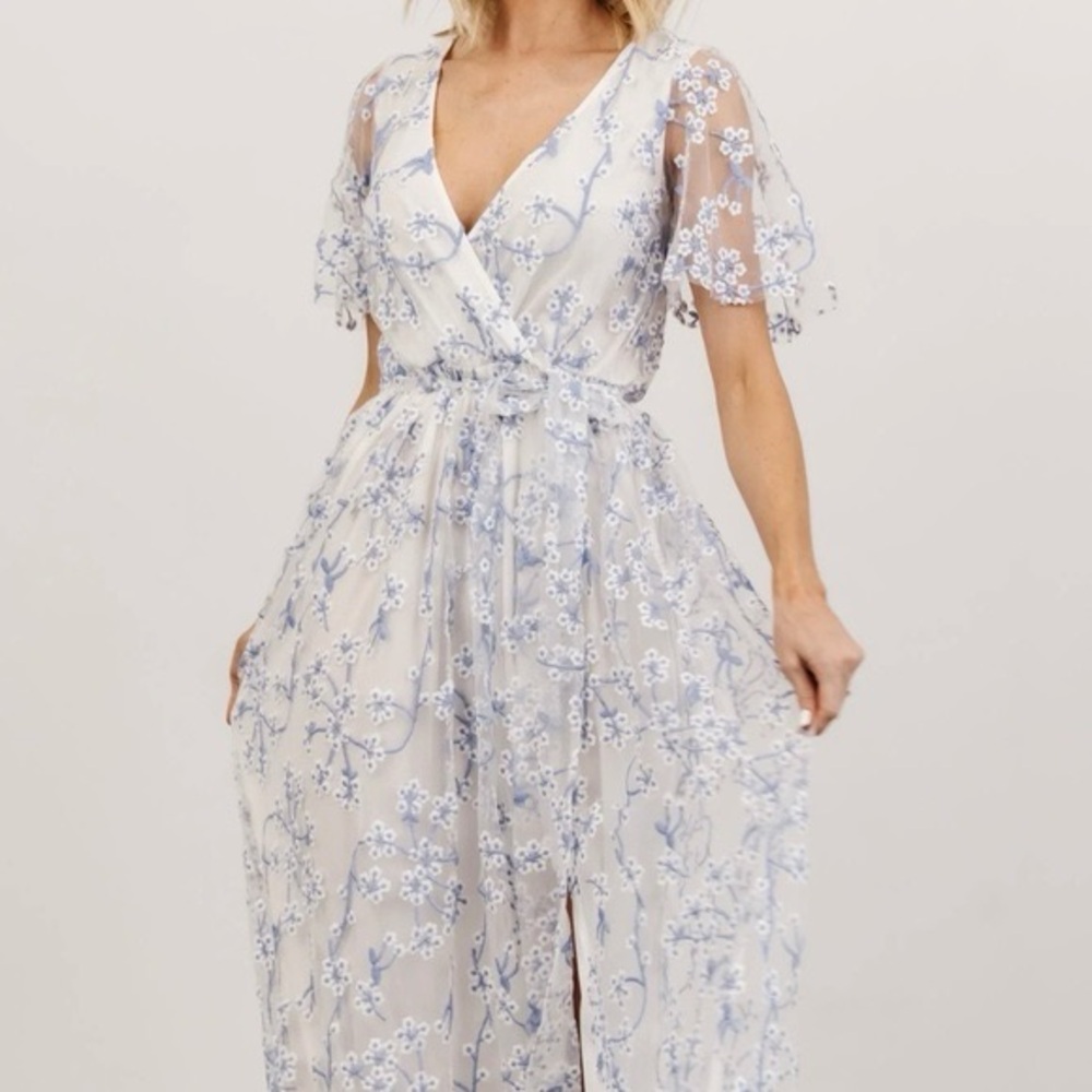 Elegant White and Blue Floral Dress